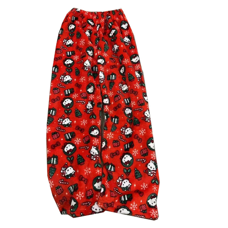 Red pajama pants with black and white panda pattern on a white background