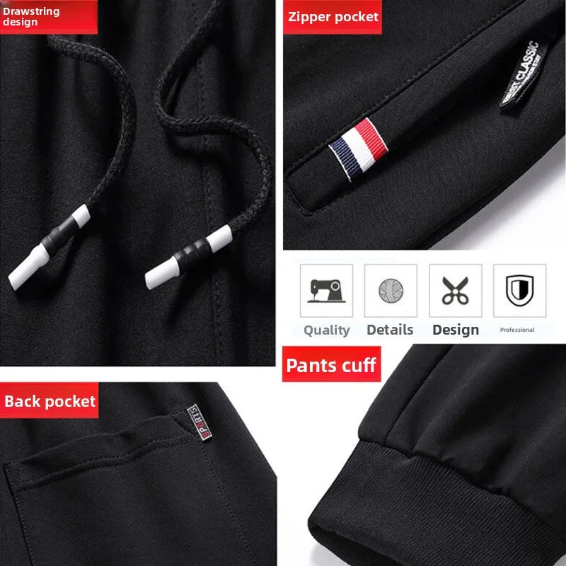 Black pants with drawstring, zipper pocket, back pocket, and pants cuff shown in detail.