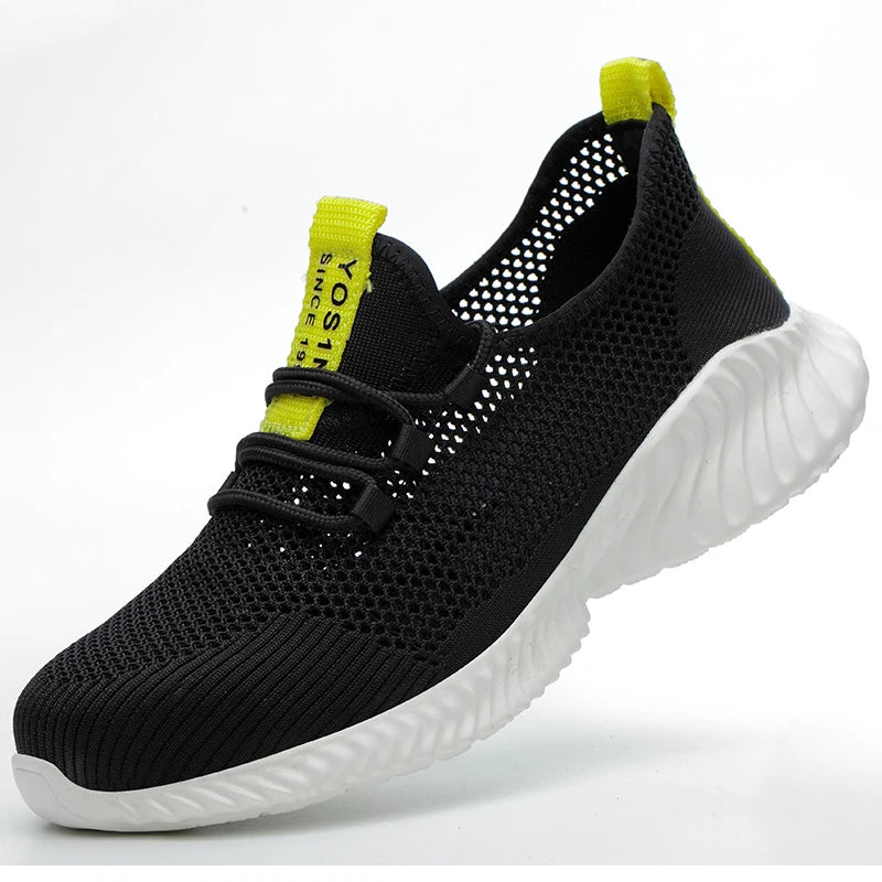 Men’s steel toe safety work shoes with anti-smashing and anti-piercing design, protective indestructible sports security boots black. white