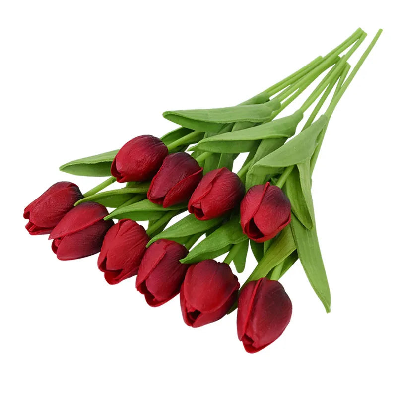10PCS real touch artificial tulip flower bouquet for wedding, home, or garden decoration-dark red
