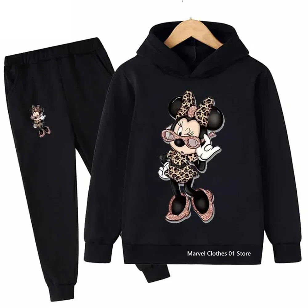 Children’s Minnie Mouse hoodie and pants set for boys and girls, cozy long sleeve outfit black black