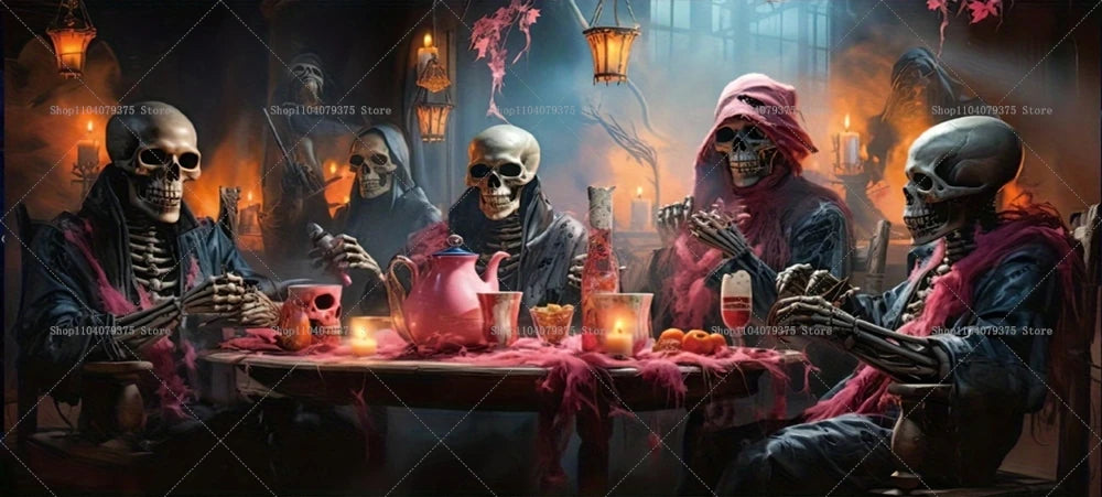 skeletons in a dimly lit room with candles and a teapot