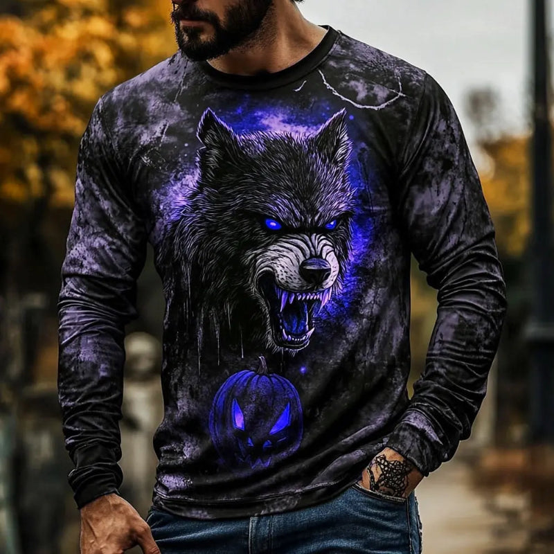 Person wearing a long-sleeve shirt with a wolf graphic design.