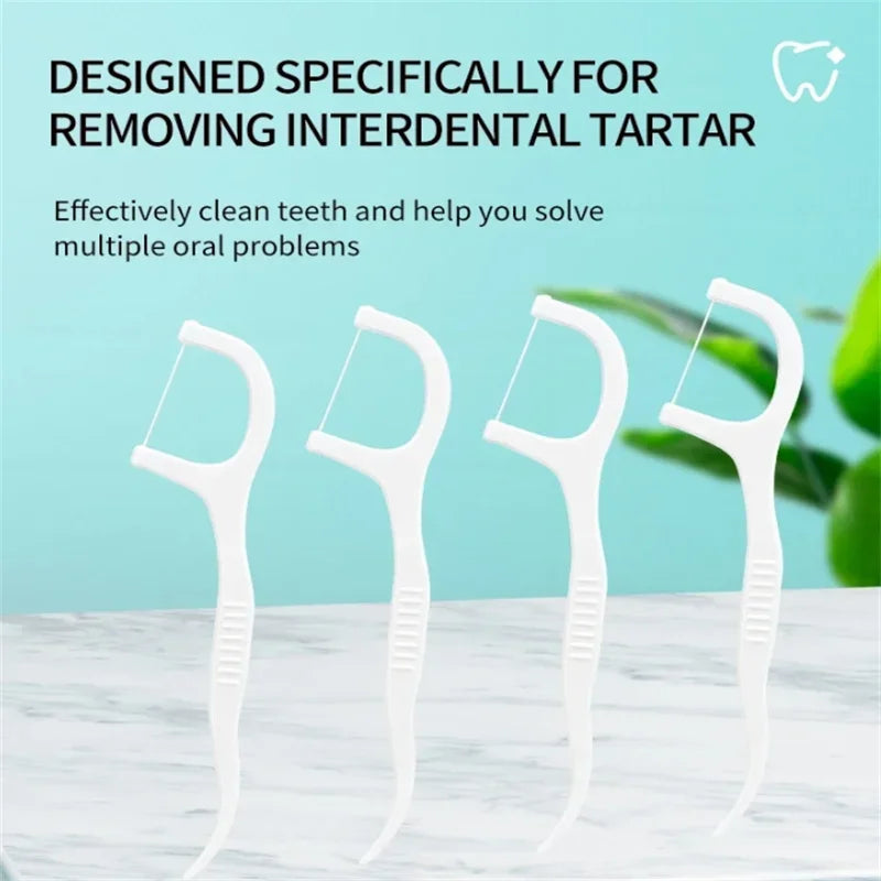 Four white interdental cleaners on a light blue background with text about their use.