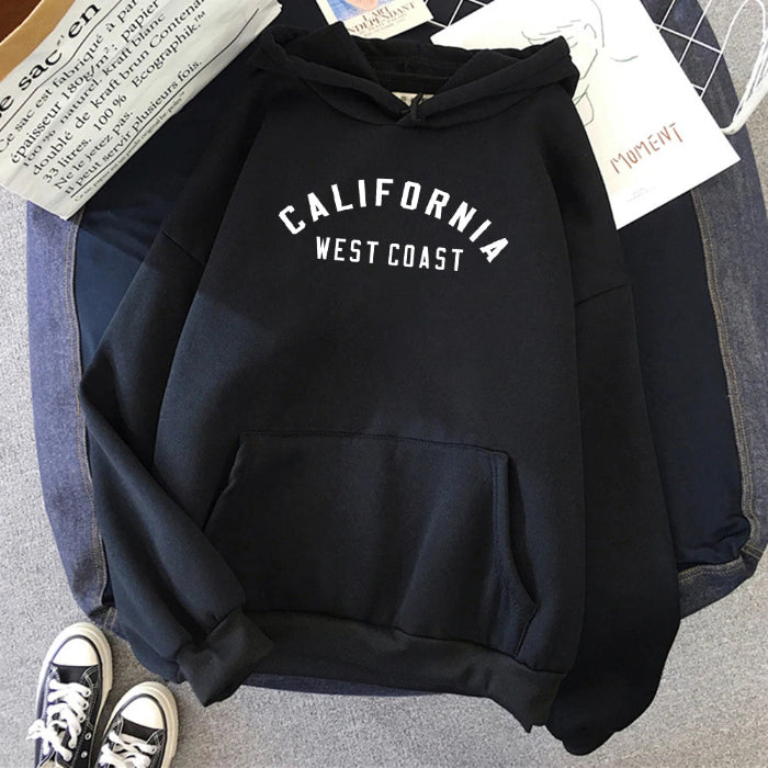 Women's California West Coast loose hoodie with creative pattern and fleece lining -Black
