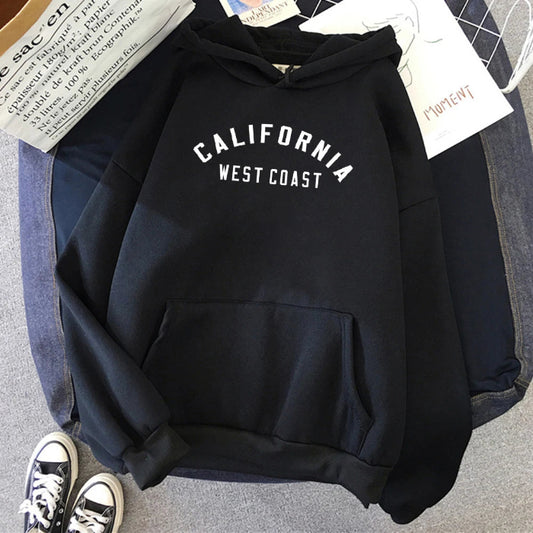 Women's California West Coast loose hoodie with creative pattern and fleece lining -Black
