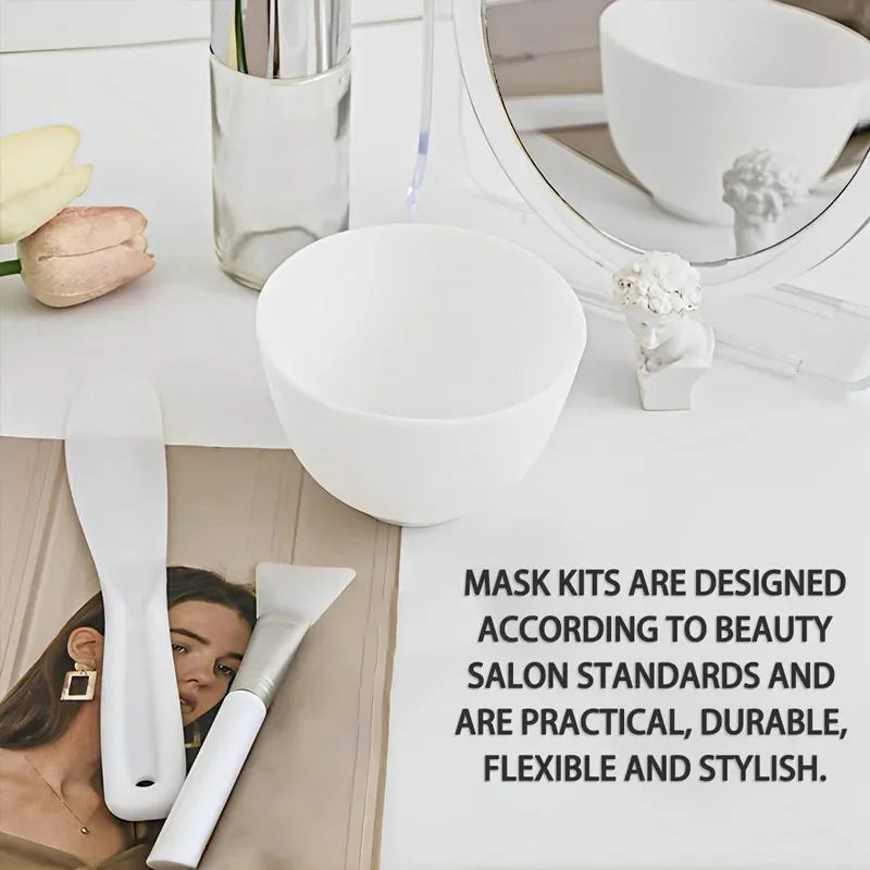 White mask kit on a table with decorative items and text about beauty salon standards.