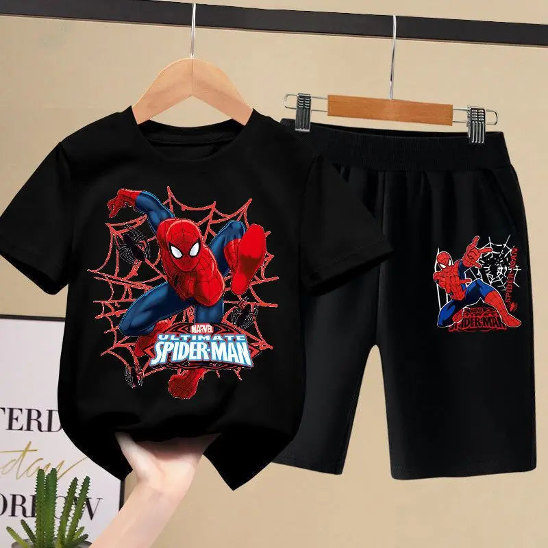 Black t-shirt and shorts set with Spider-Man design on a beige background