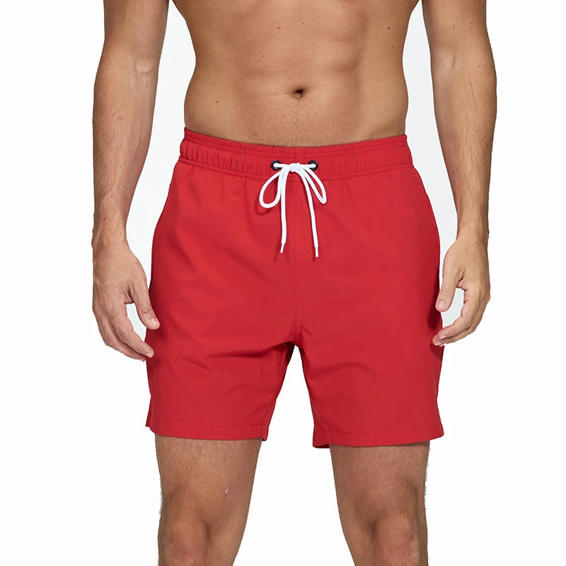 Escatch men’s quick dry swim trunks with zipper pockets and mesh lining in stylish beachwear design red