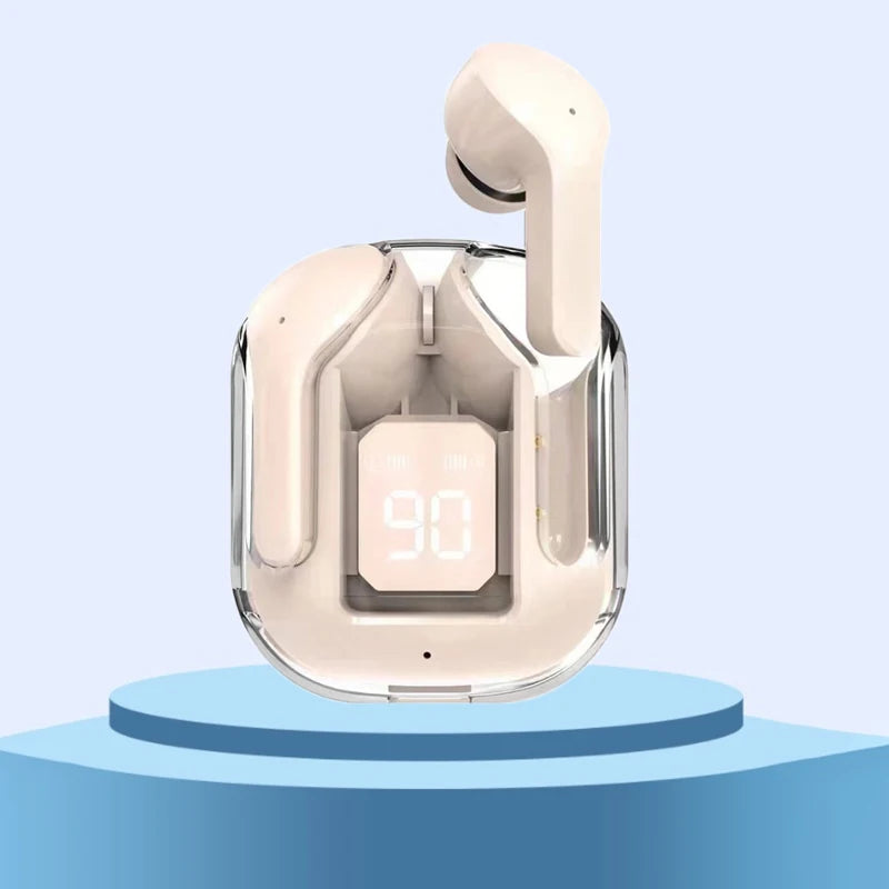 TWS wireless Bluetooth earbuds with transparent case, LED display, ENC mic, and stereo sound -beige