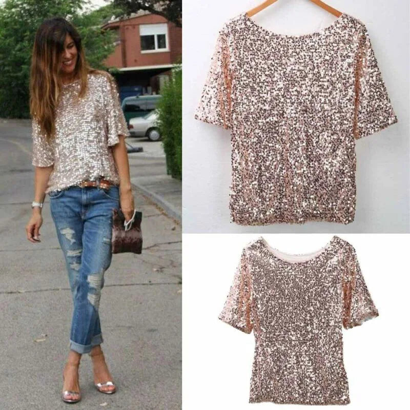 Sequined top worn by a person on a street, with close-up shots of the top against a white background.