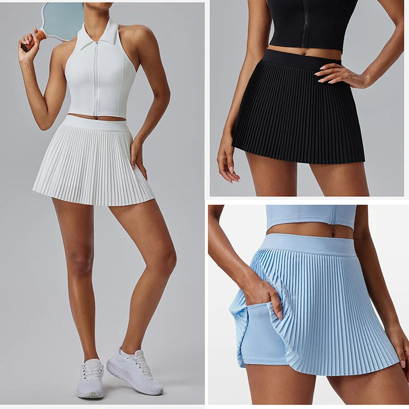 Collage of women wearing pleated skirts in white, black, and blue against a gray background.