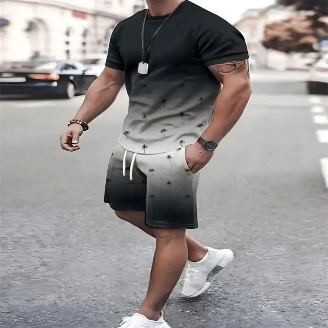 Men's crewneck T-shirt and shorts. - black gray