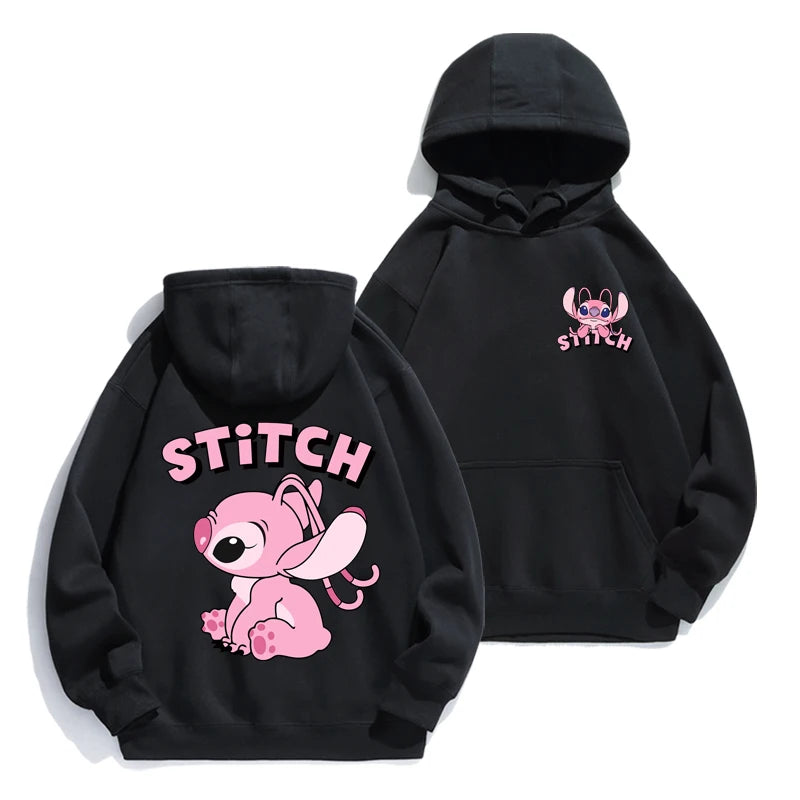 Loose fit Stitch cartoon hoodie with anime design, cozy for autumn/winter, perfect for couples or fans of cute American-style hoodies black and pink stitch