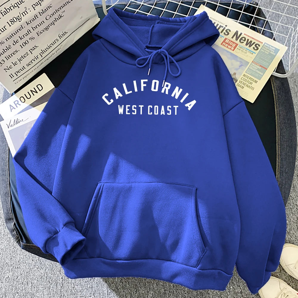 Women's California West Coast loose hoodie with creative pattern and fleece lining -blue2