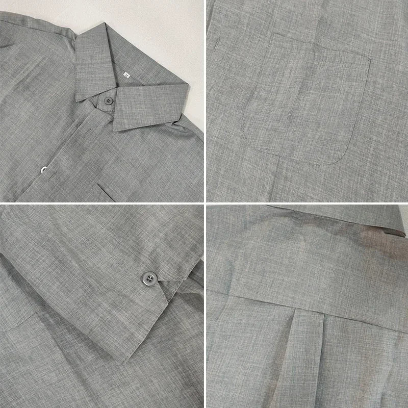 Collage of a gray shirt with close-up details on a light background
