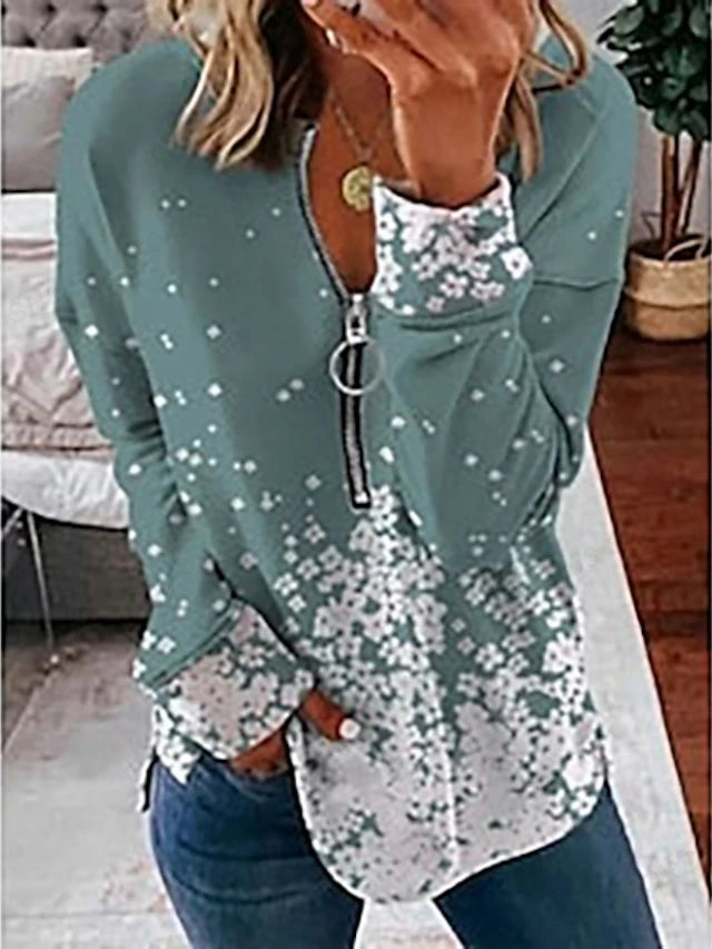Women's Y2K oversized zip-up hoodie with geometric star pattern and crewneck design - green