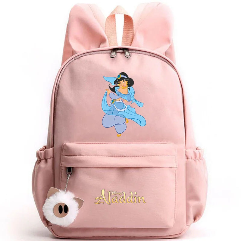 Pink backpack with Aladdin character design on a white background