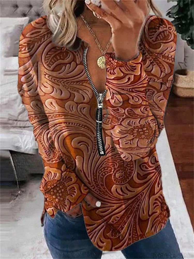 Women’s Vintage Wolf Graphic Oversized Zip-Up Hoodie with Zipper Closure- dark orange
