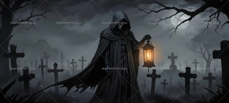 Dark figure in a hooded cloak holding a lantern in a cemetery at night.