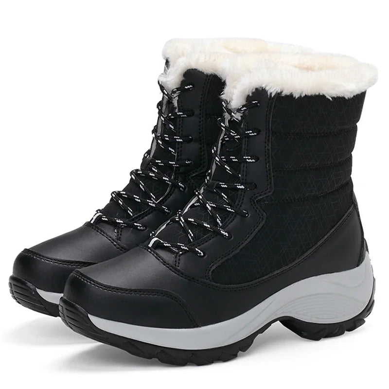 .  Boots for Women Platform Outdoor Snow Boots Non-slip Winter Walking Shoes Fur Warm Ankle Boots Wedge Waterproof Thigh High Boots black and black
