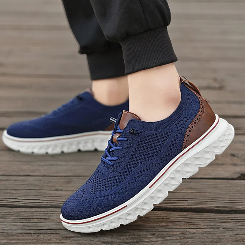 Blue and brown sneakers on a wooden floor
