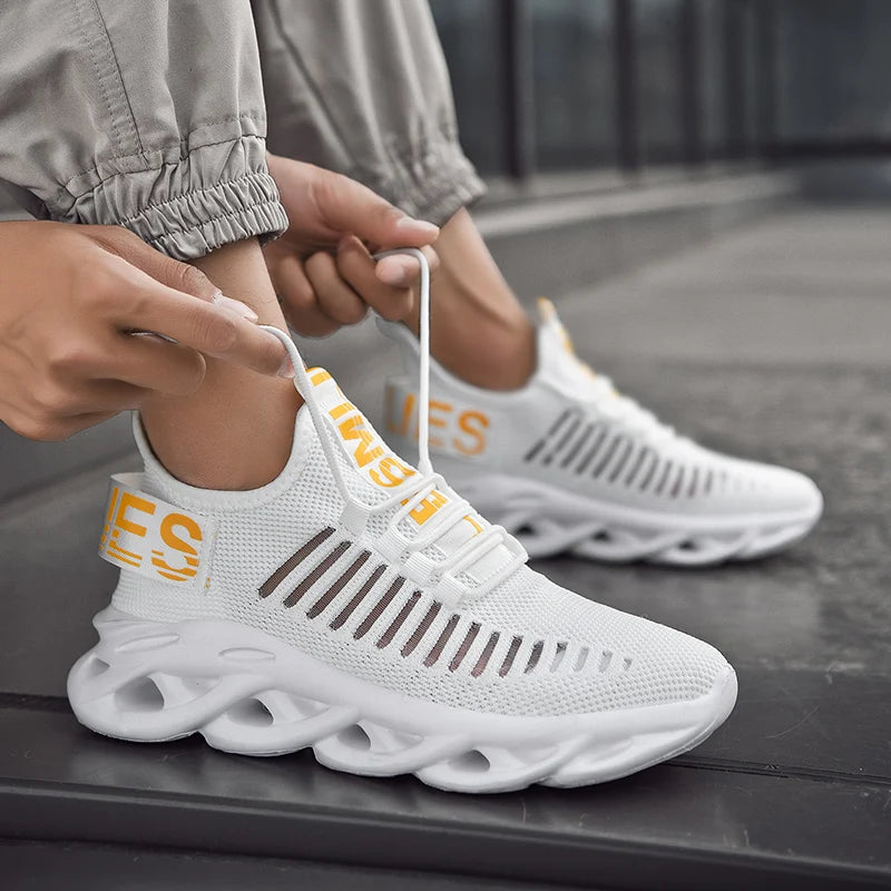 Men and women’s breathable mesh running sneakers – casual tennis sports shoes. white