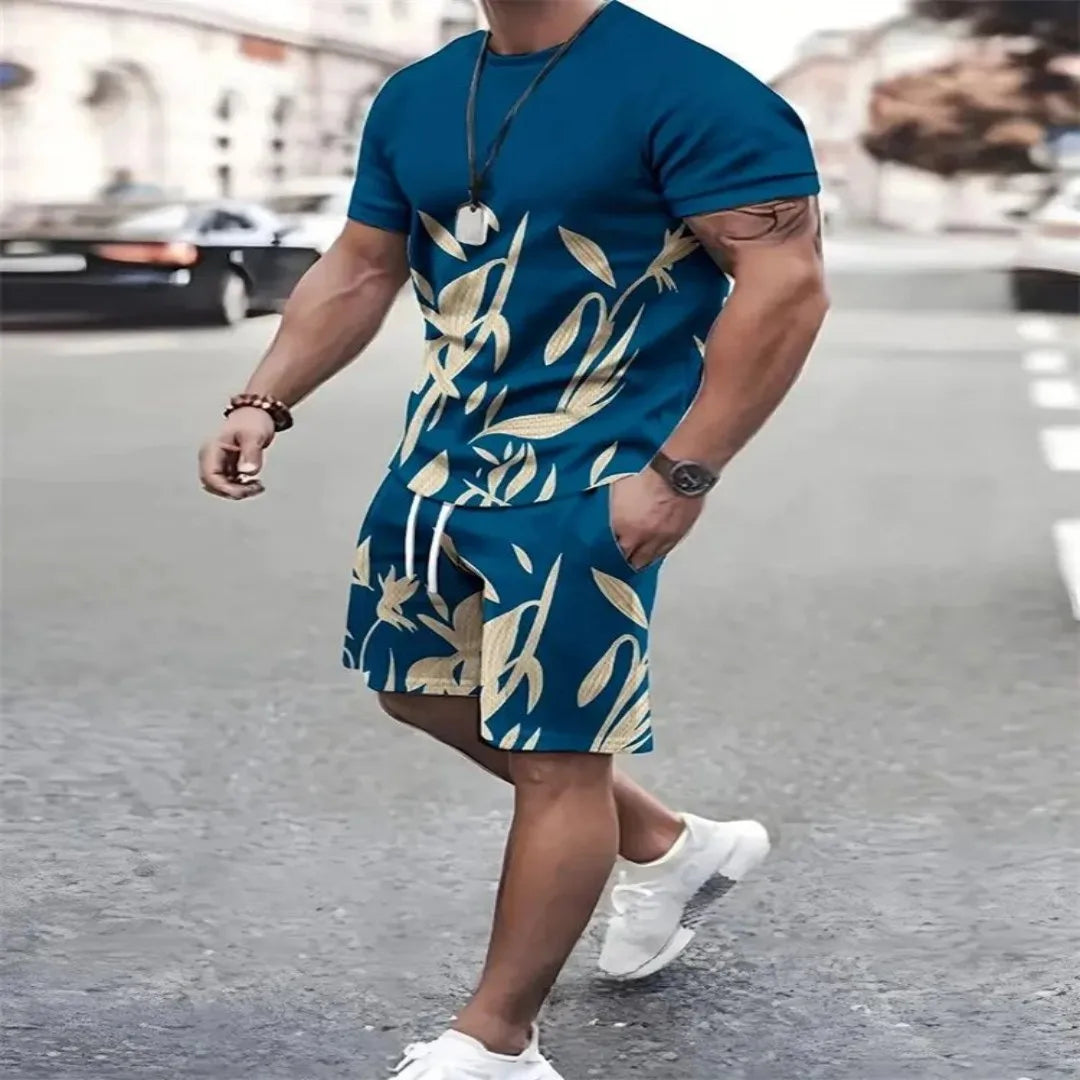 Men's crewneck T-shirt and shorts. - blue yellow