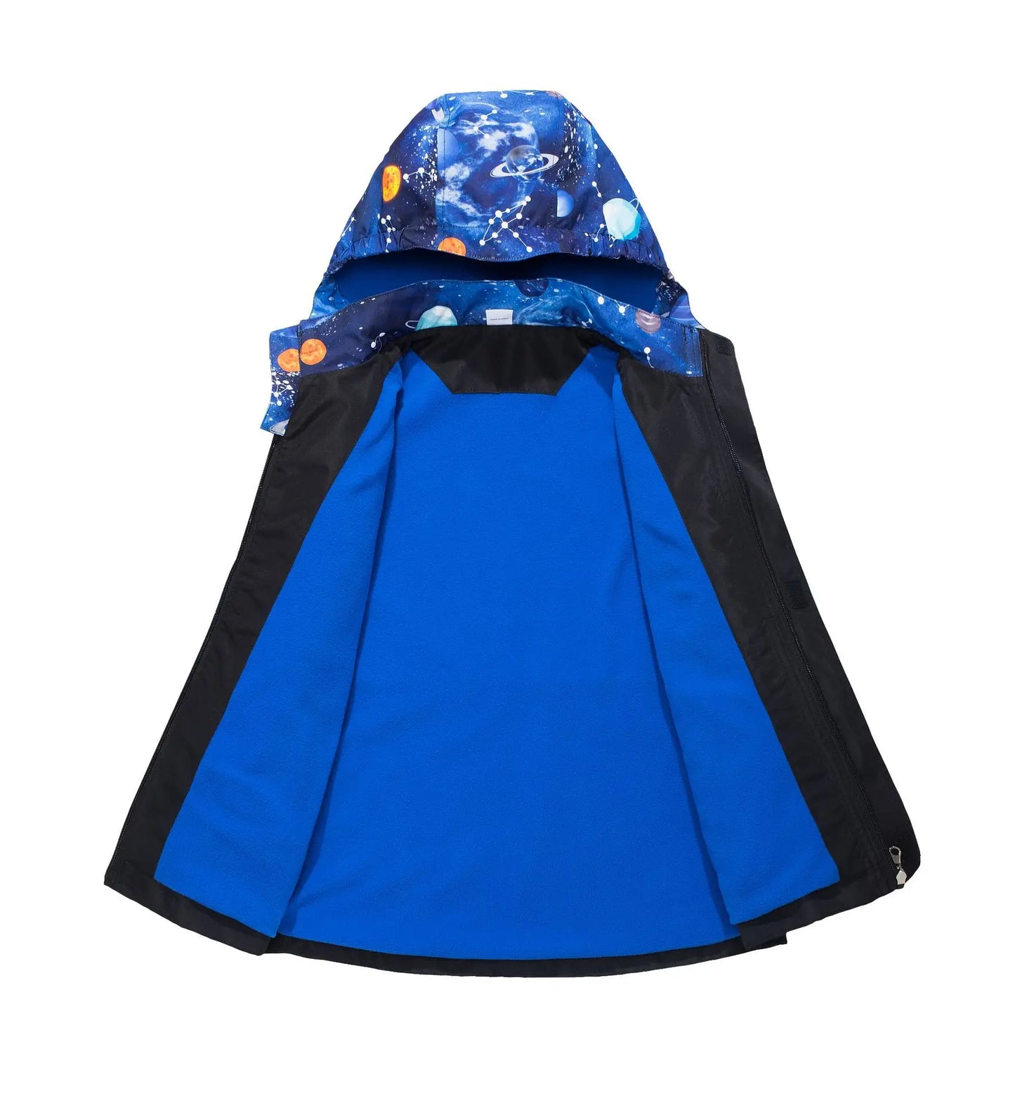 Blue cape with space-themed hood on a white background