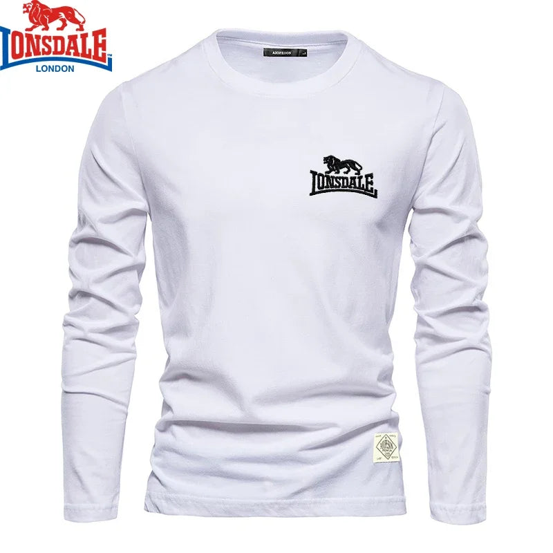 Men’s embroidered LONSDALE 100% cotton long sleeve round neck T-shirt – casual and outdoor sportswear. white