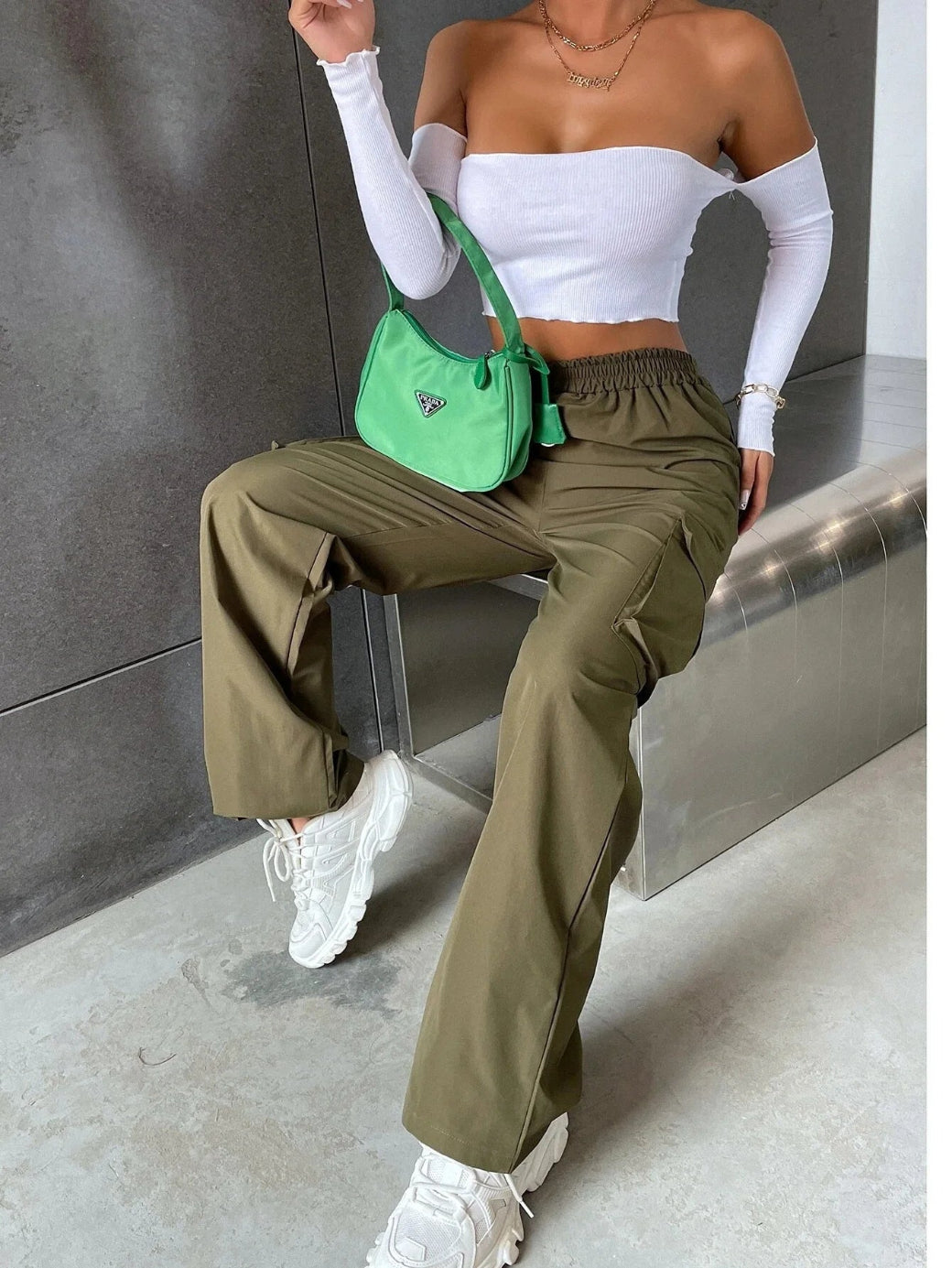 Fashion women’s baggy joggers pants, casual chic straight cargo pants, elastic high waist oversized trousers for commuting 1
