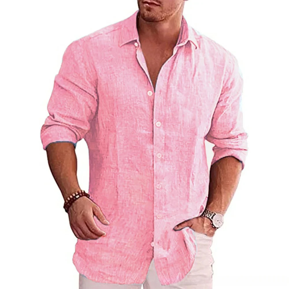 Men’s long sleeve cotton linen shirt in solid color, casual autumn wear, breathable fabric  -  pink-