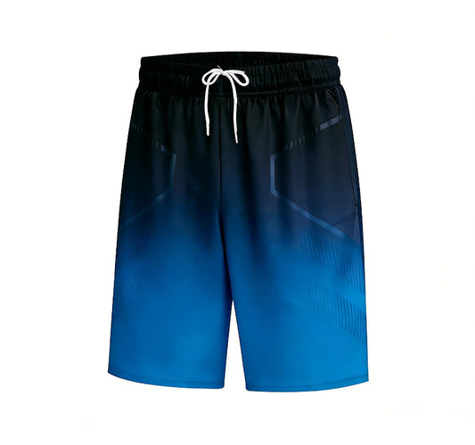 Blue and black gradient shorts with a white drawstring on a white background