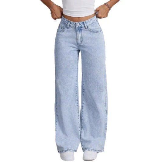 Light blue jeans worn by a person on a white background
