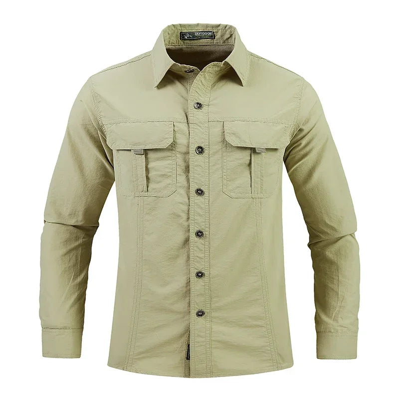 Beige shirt with button details on a white background