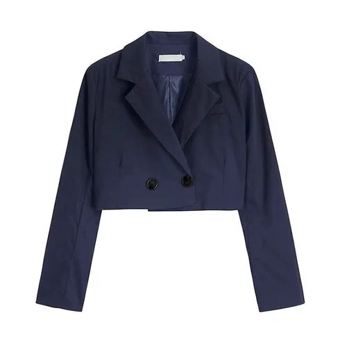 Cropped blazer for women – trendy Korean style notched slim fit chic solid color fashion suit outwear blue long