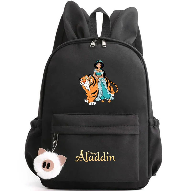 Black backpack with Aladdin and Jasmine design on a white background