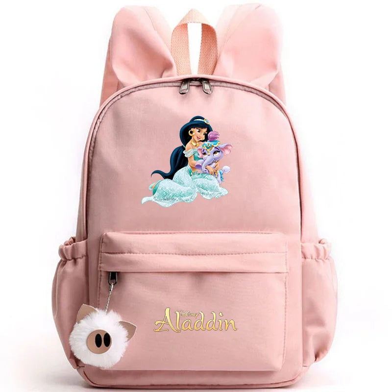 Pink backpack with Aladdin and Jasmine design on a white background