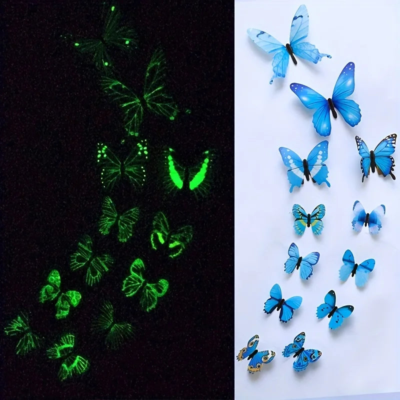 12Pcs 3D luminous butterfly wall stickers for home decor and DIY art - green and blue