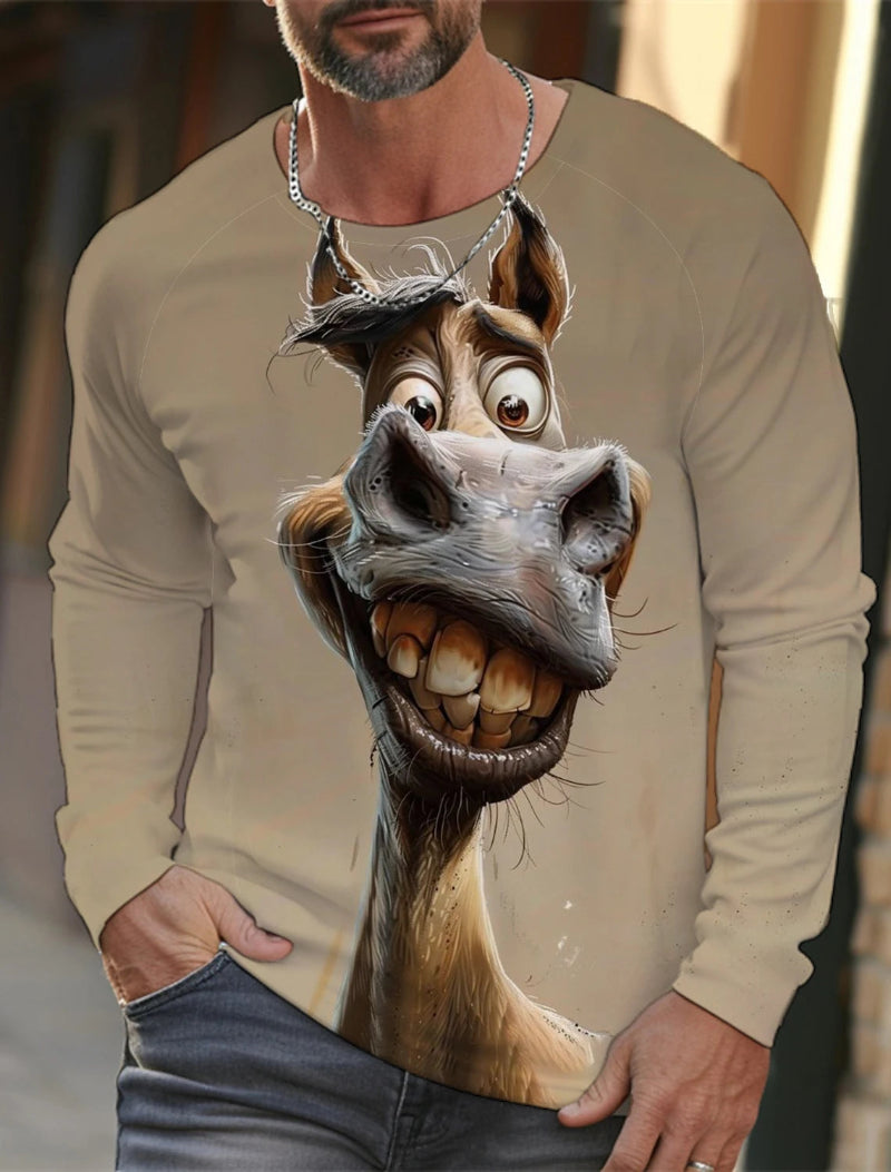 Man wearing a beige long-sleeve shirt with a cartoon horse design.