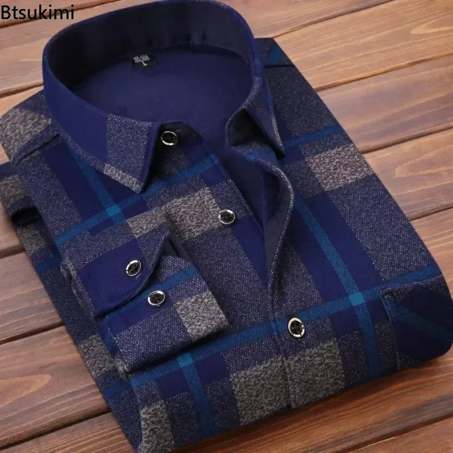 2024 men's thick warm plaid shirt with long sleeves in large 4XL size -blue grey