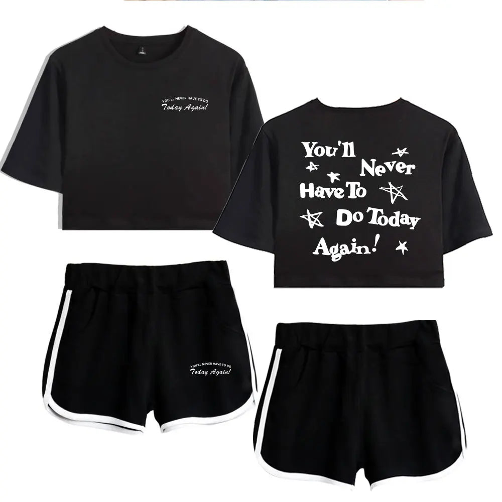 Black t-shirt and shorts set with text design on a white background