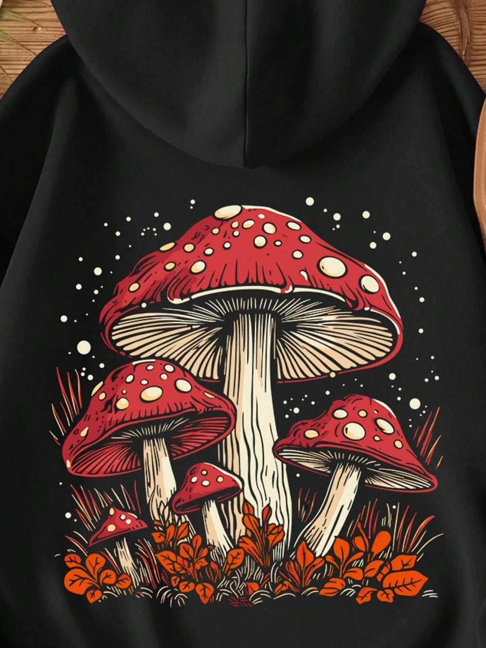 Red Mushroom Personality Graphic Hoody for Women – Harajuku Casual Sweatshirt in Autumn Fleece -black back