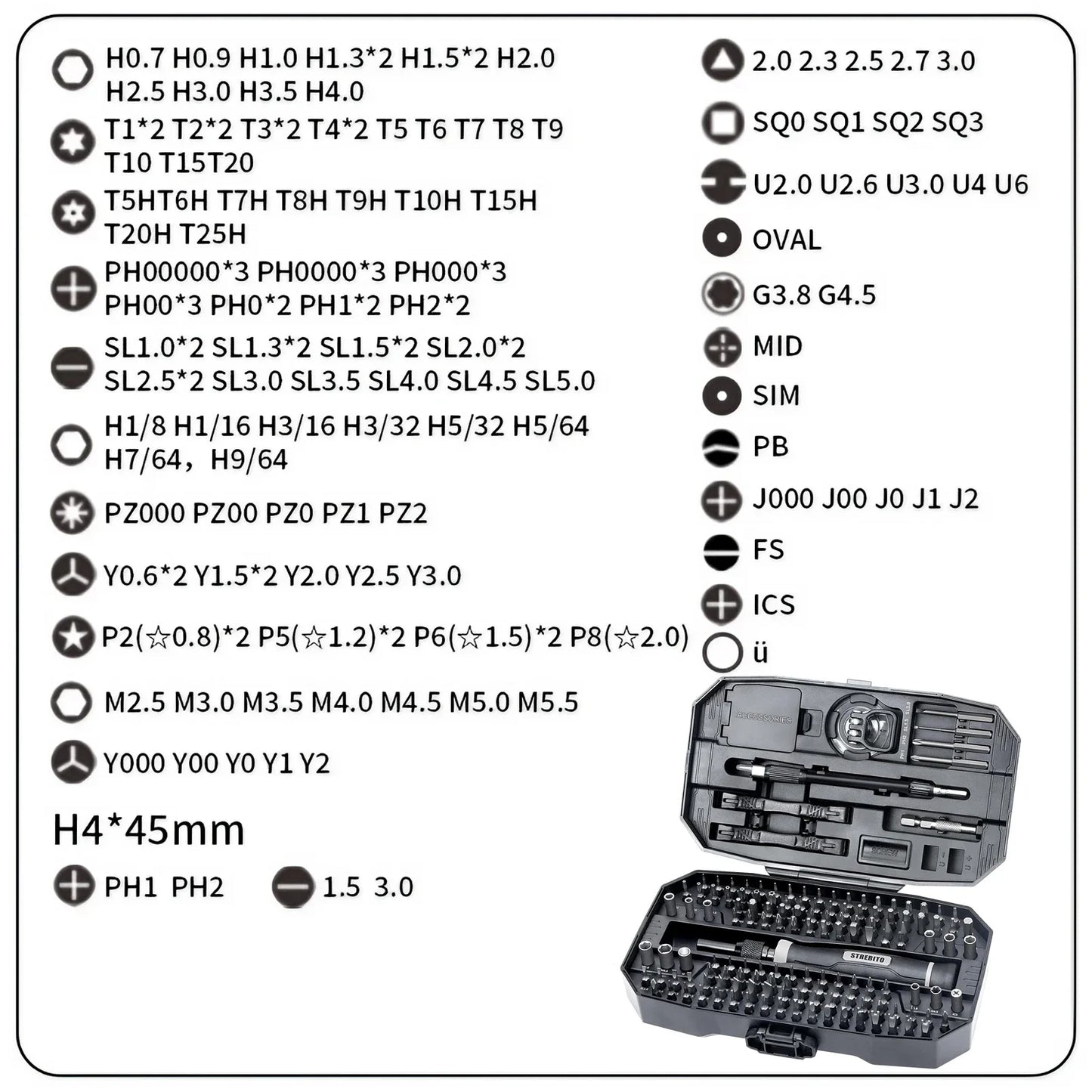 Technical diagram with tool specifications and a toolbox illustration on a white background
