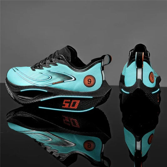 Pair of turquoise and black athletic shoes on a reflective surface with a dark background