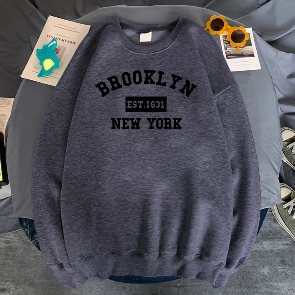 Women's Brooklyn 1631 letter print hoodie in soft fleece, gray pullover- dark gray
