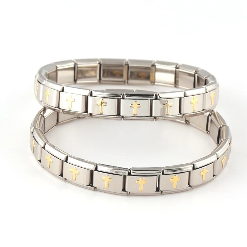 Fashion Stainless Steel Stars Cross Elastic Italian Links Charm Bracelet 9mm Width Simple Design Bangle Men Women DIY Jewelry