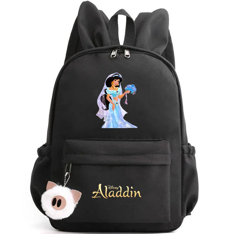 Black backpack with Disney Aladdin design featuring Princess Jasmine on a white background