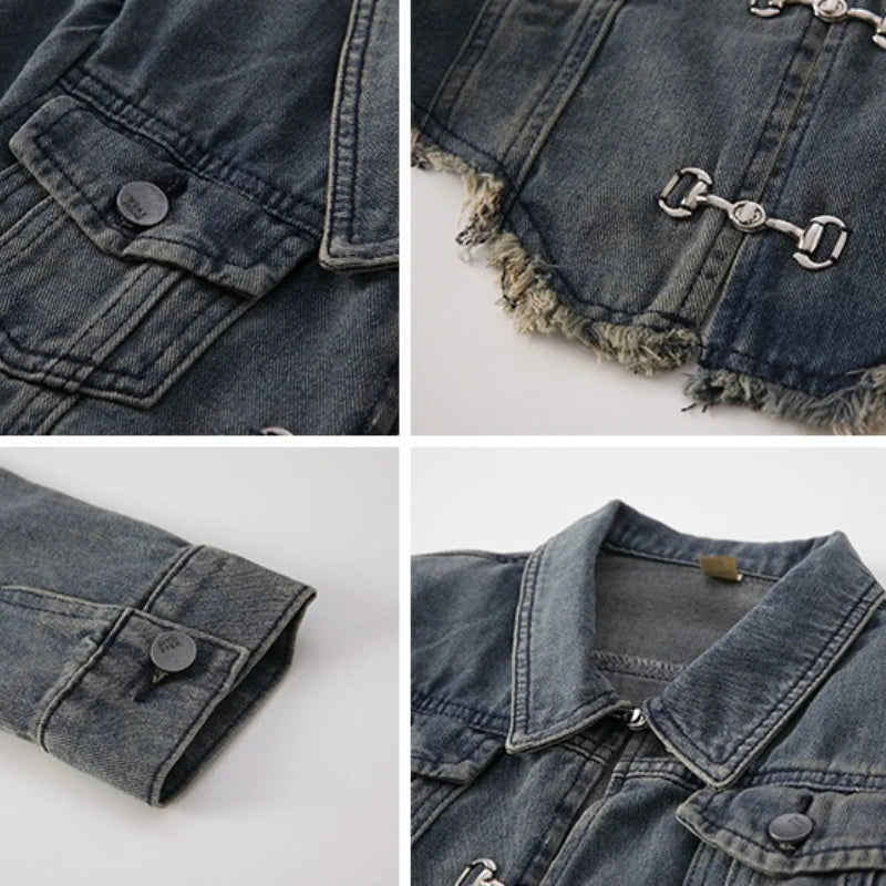 Korean‑Style Denim Coat – Metal Buckle Tassel Short Jacket Women