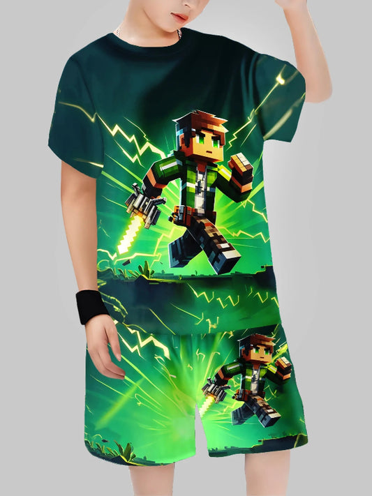 Child wearing a green t-shirt and shorts with a character design on a gray background